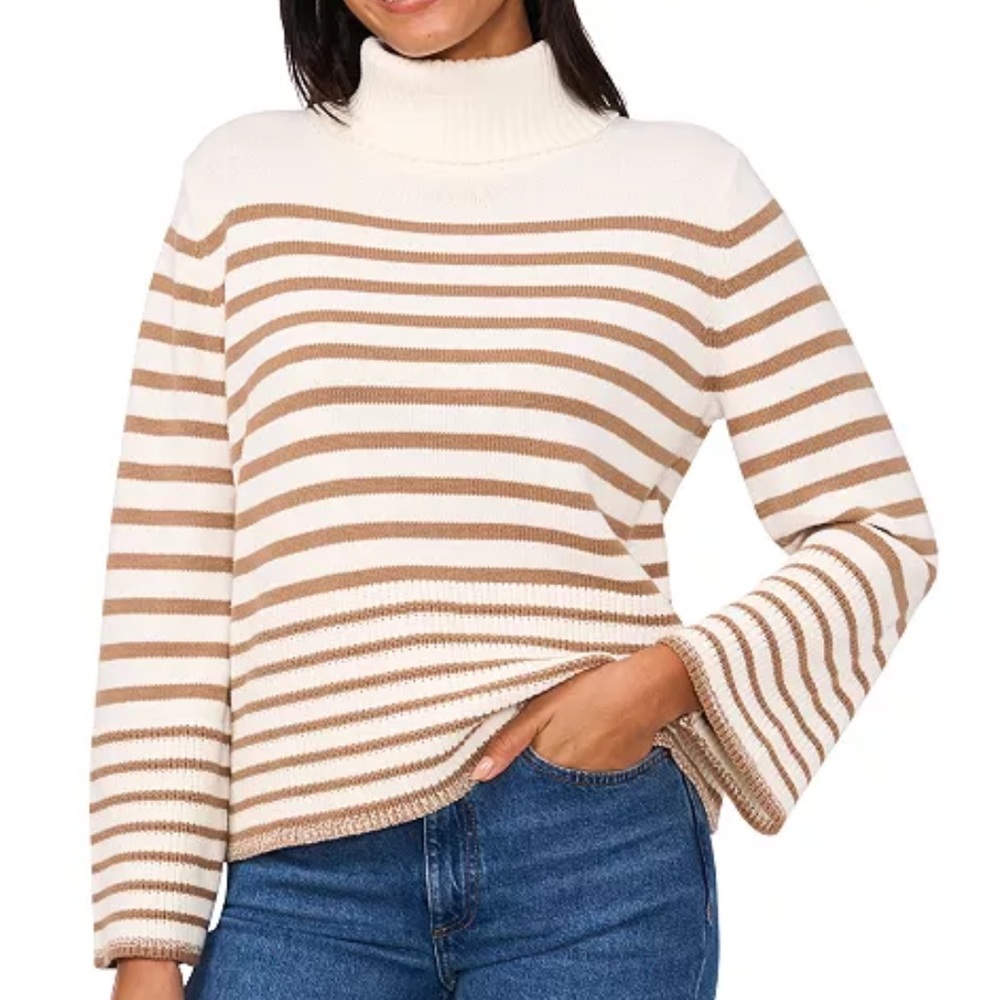 CeCe Cream and‎ Tan Striped Turtleneck Sweater